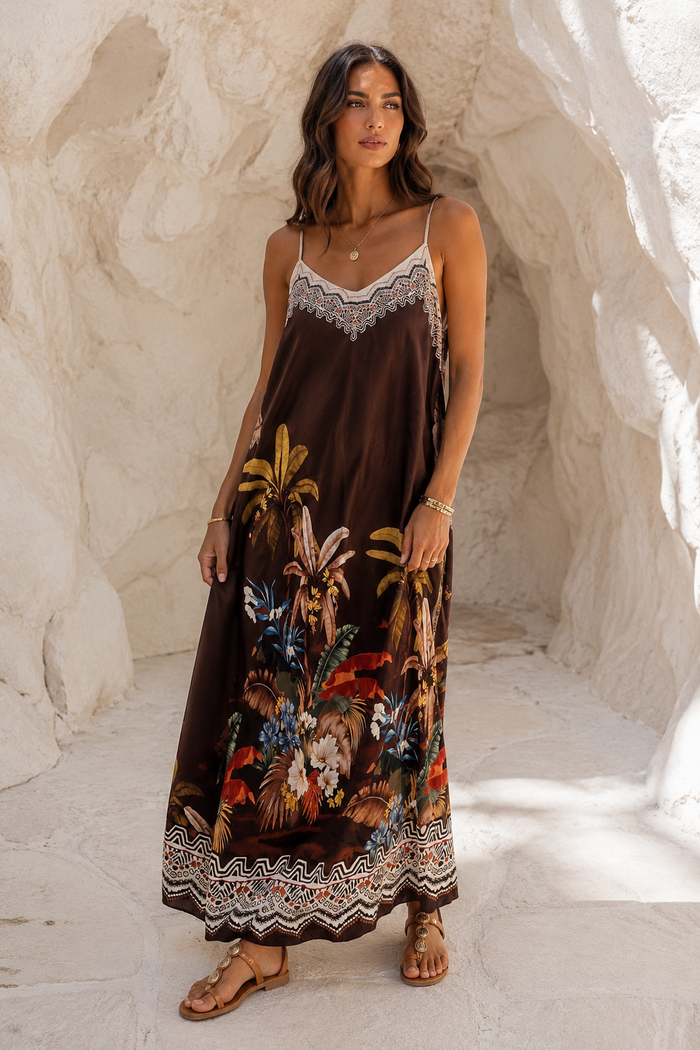 Fabienne | Printed Maxi Dress in Chocolate
