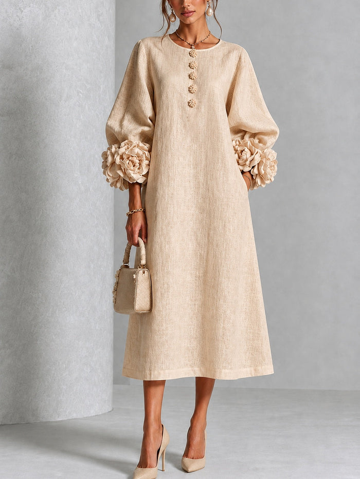 Beige Floral Button-down Midi Dress With Striking Floral Cuffs