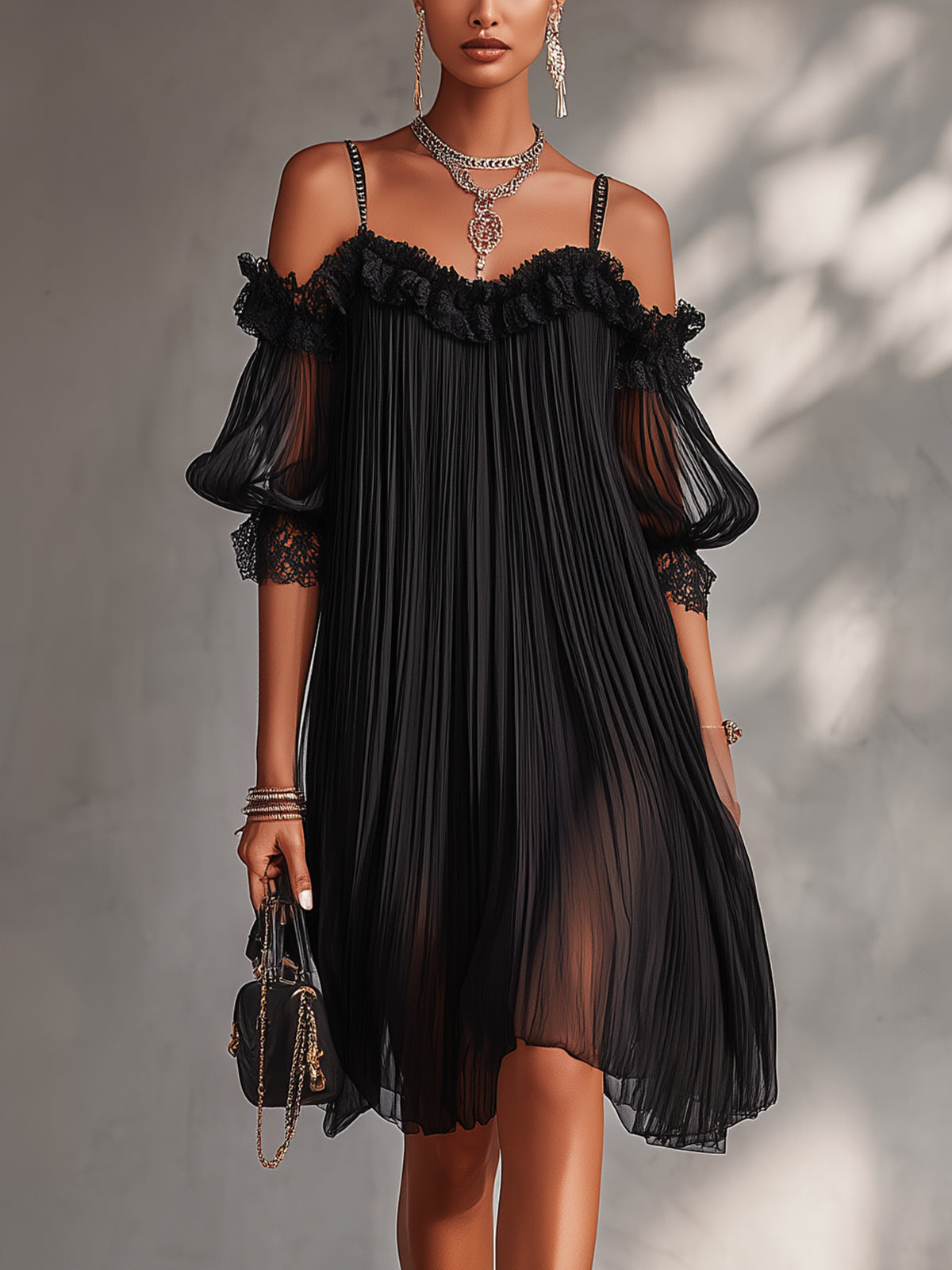 Vittoria | Off-Shoulder Black Chiffon Mini Dress with Lace Trim