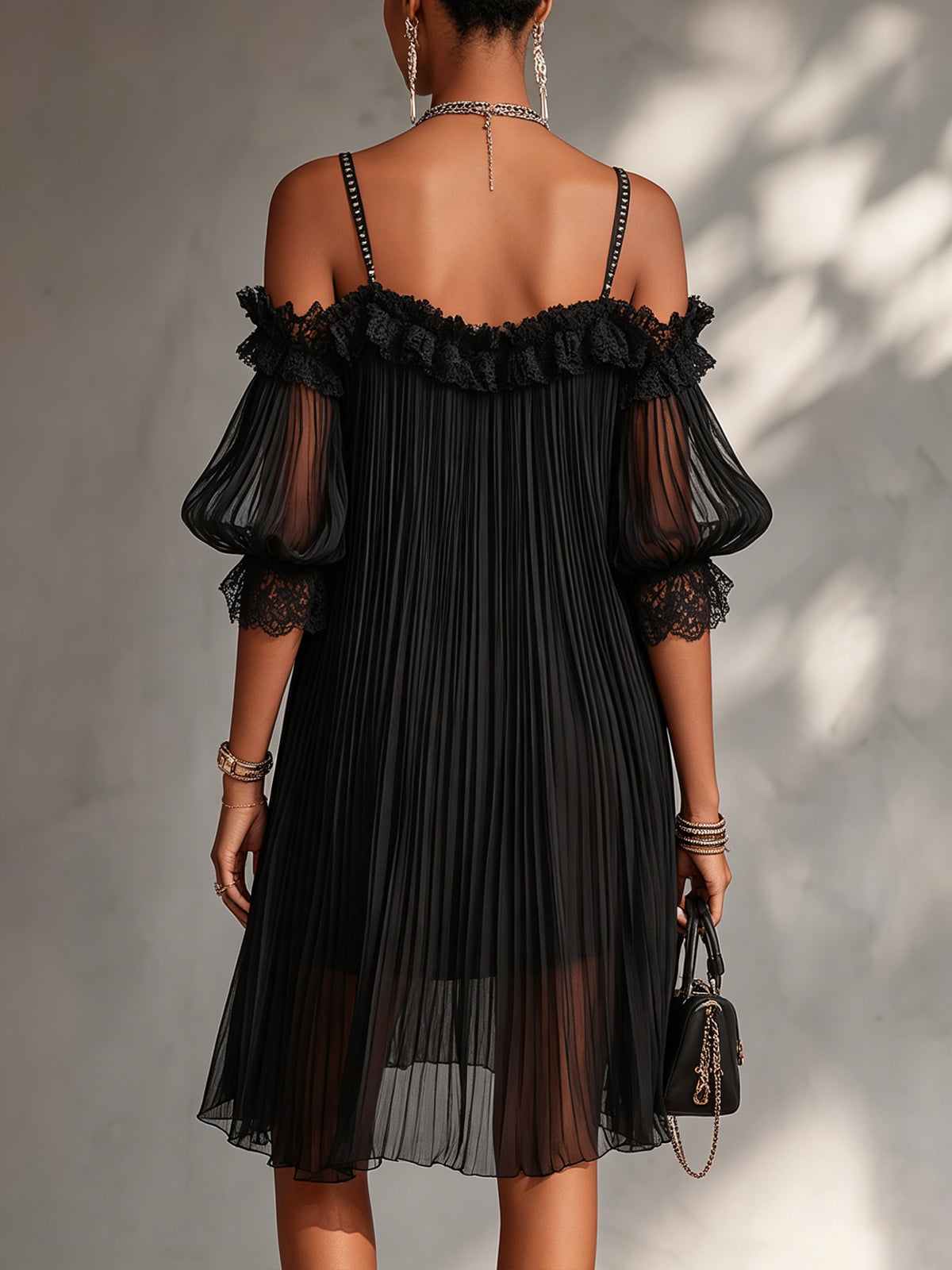 Vittoria | Off-Shoulder Black Chiffon Mini Dress with Lace Trim