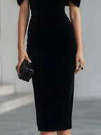 Regina | Black Velvet Midi Dress with Dramatic Bow