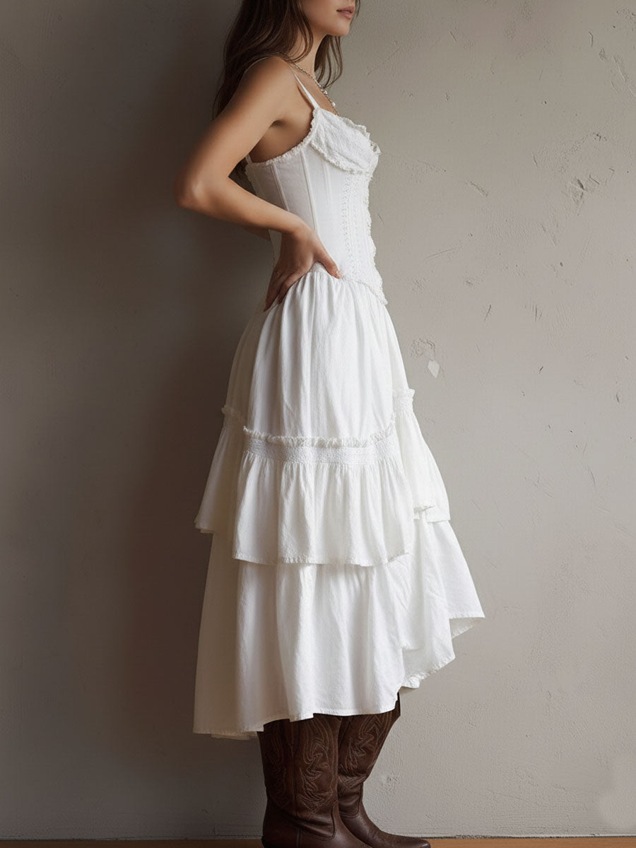 Romy | Corset Tiered Midi Dress with Lace Trim
