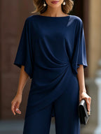 Draped Waist Blouse And Wide-Leg Pants Two-Piece Set