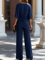 Draped Waist Blouse And Wide-Leg Pants Two-Piece Set