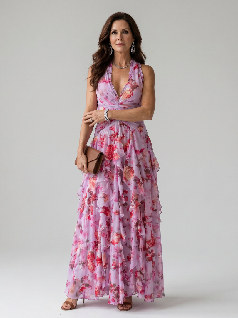 Marvela | Halter Neck Ruched Bodice Floral Maxi Dress