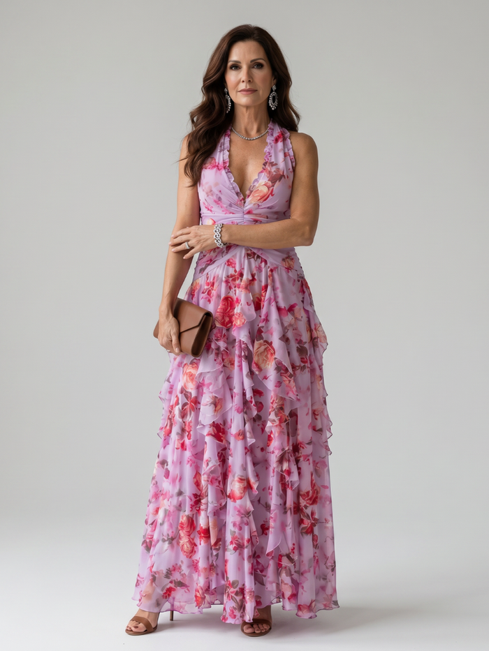Marvela | Halter Neck Ruched Bodice Floral Maxi Dress
