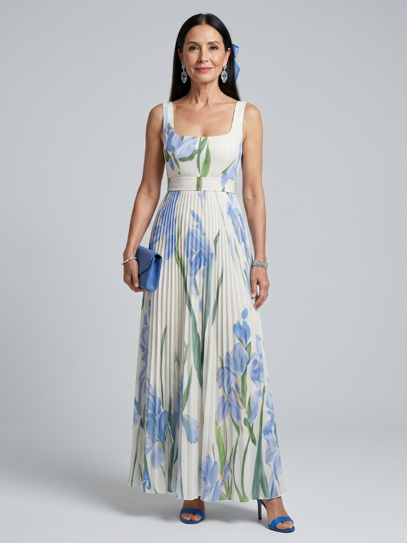 Calantha | Sleeveless Square Neck Floral Print Midi Dress