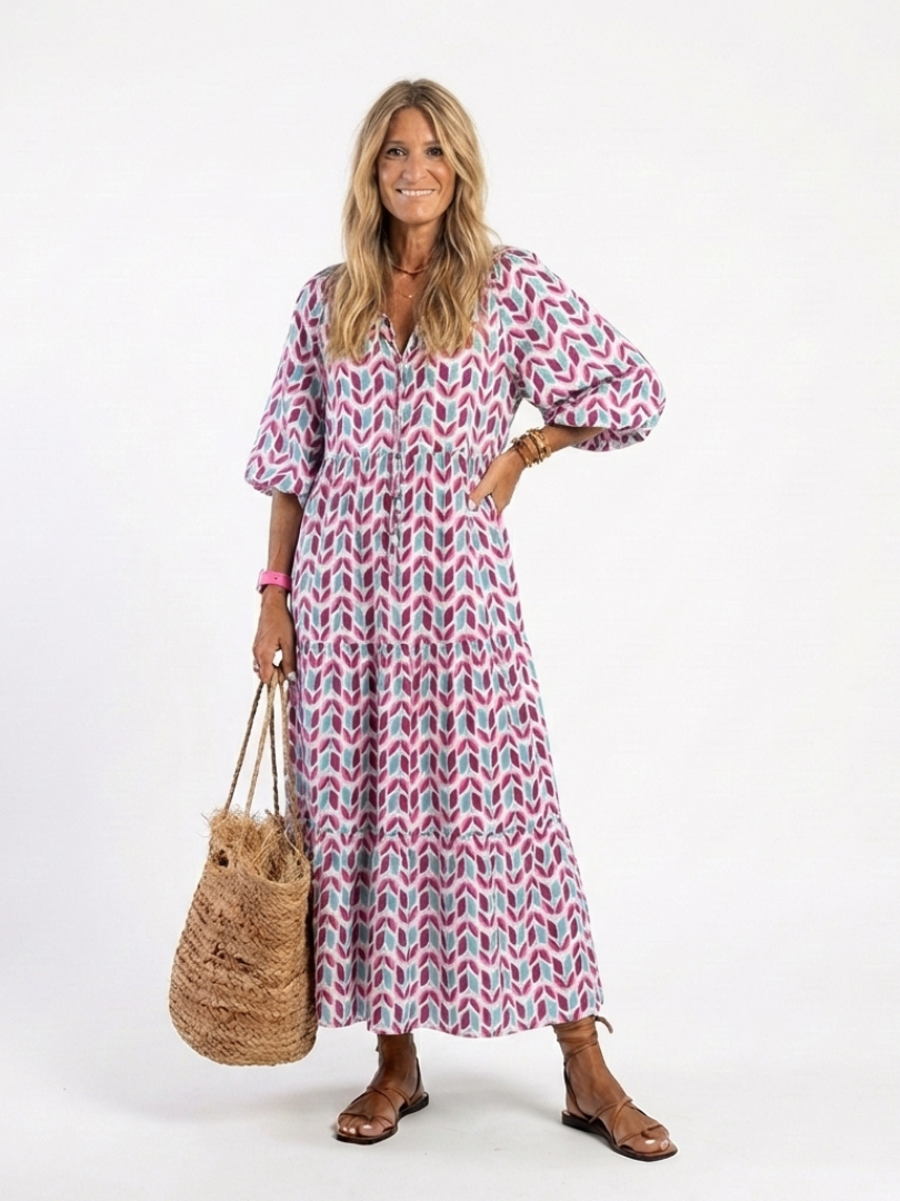 Halcyon | Geometric Print Long Sleeve Tiered Midi Dress