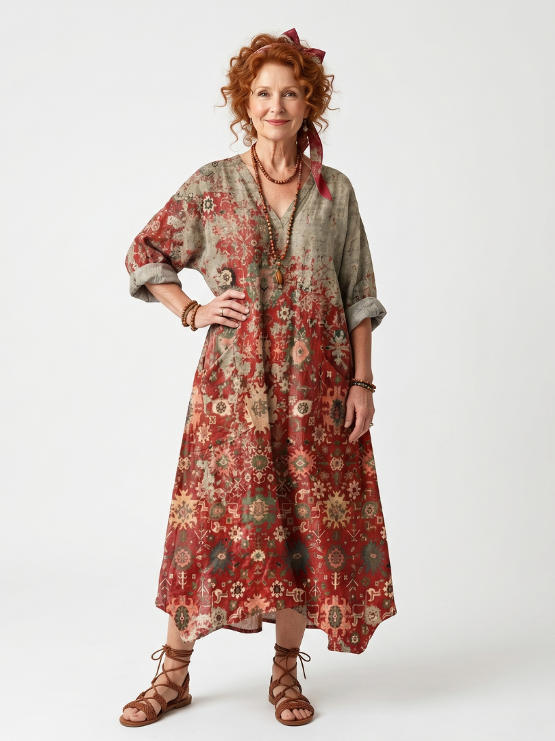 Sarah | Mixed Pattern Relaxed Pocket Midi Dress