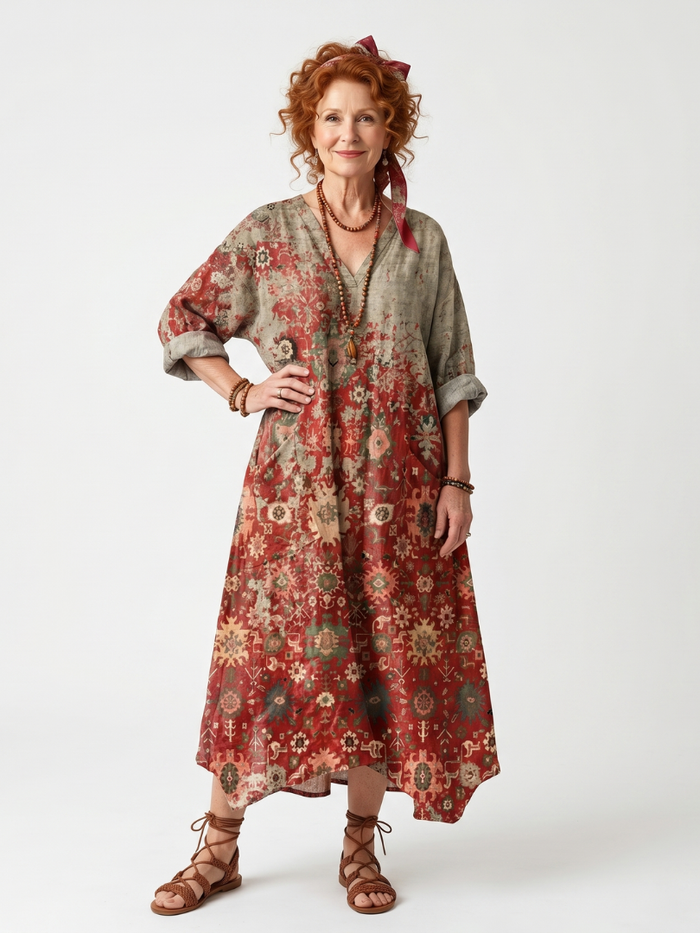 Sarah | Mixed Pattern Relaxed Pocket Midi Dress