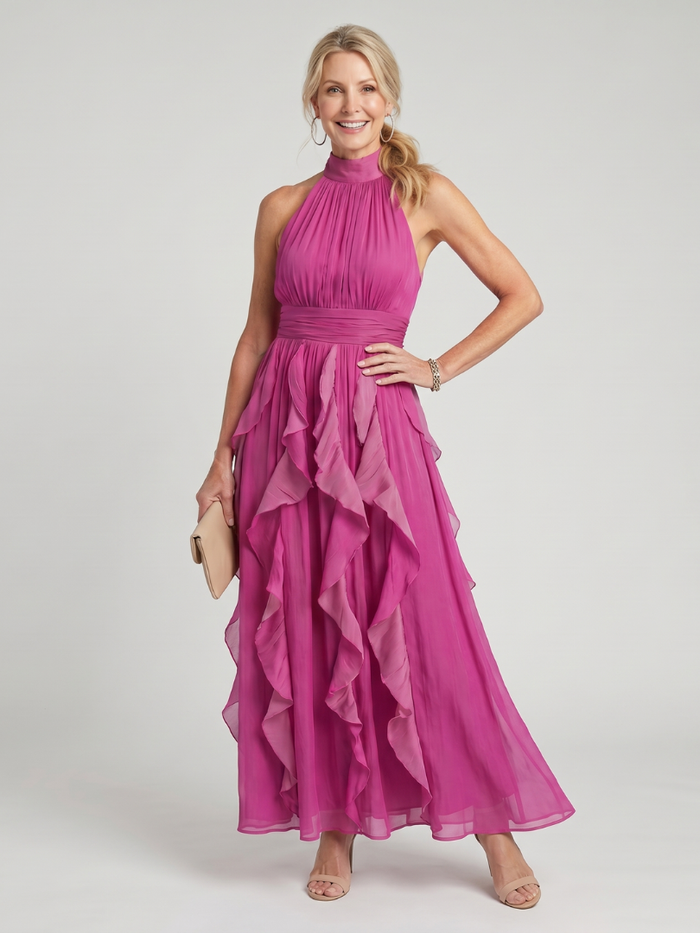 Marnie | High Neck Gathered Ruffle Layers Maxi Dress