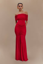 Caspian Slinky And Mesh Off Shoulder Maxi Dress - Ruby