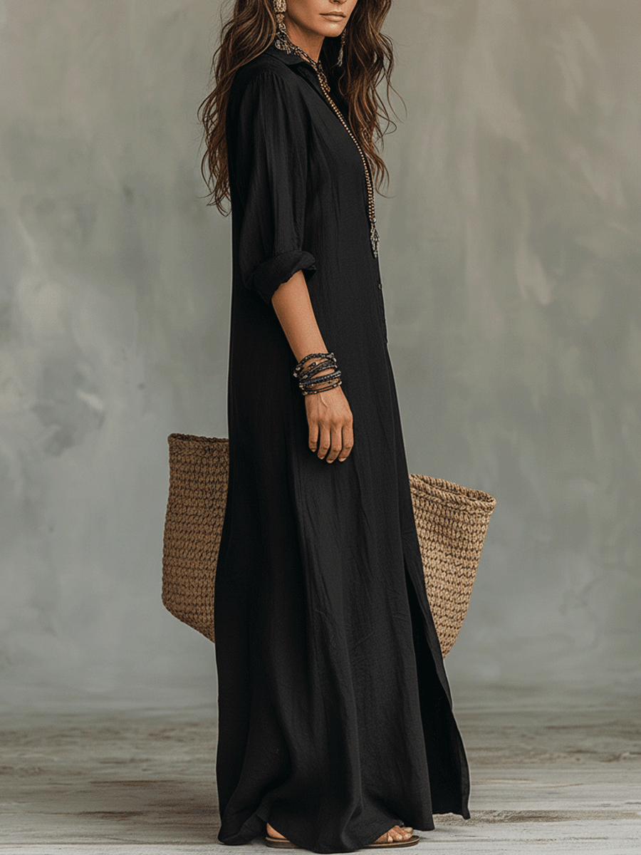 Sofia | Button-Front Bohemian Shirt Maxi Dress
