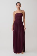 Bex Strapless Slinky Maxi Dress With Split - Burgundy