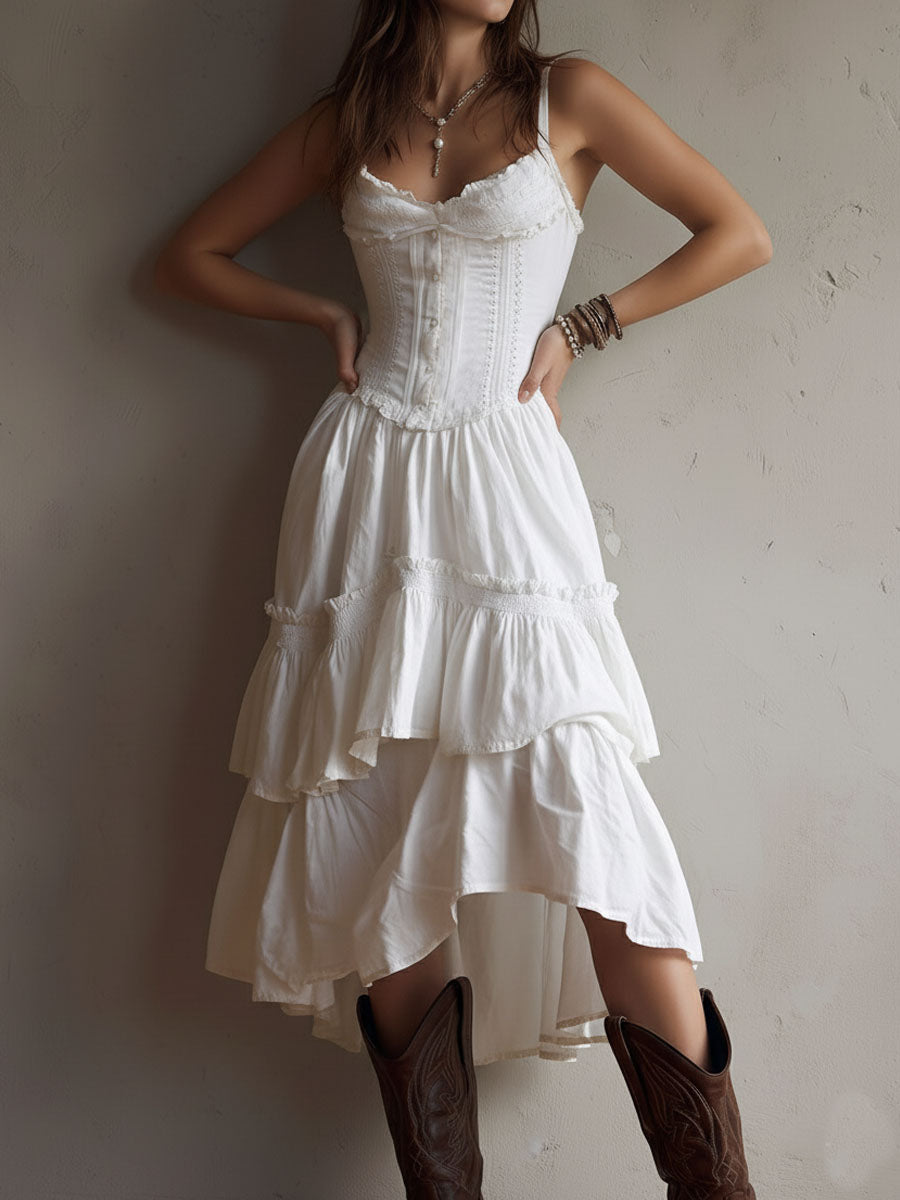 Romy | Corset Tiered Midi Dress with Lace Trim