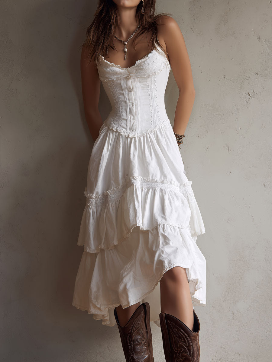 Romy | Corset Tiered Midi Dress with Lace Trim