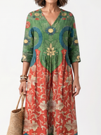 Odaline | Mixed Print V Neck Pocket Midi Dress