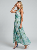 Auralei | Pleated Halter Soft Floral Pattern Midi Dress