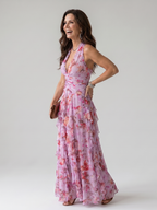 Marvela | Halter Neck Ruched Bodice Floral Maxi Dress