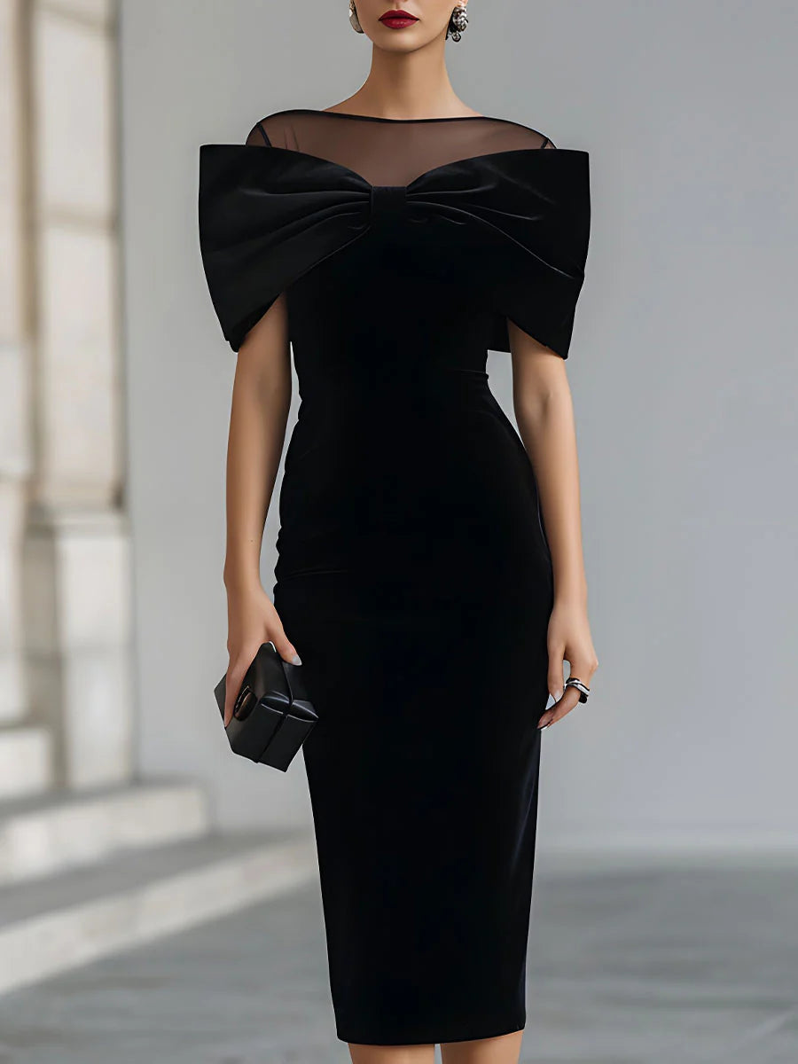 Regina | Black Velvet Midi Dress with Dramatic Bow