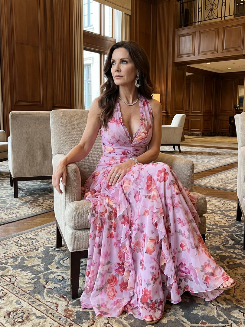 Marvela | Halter Neck Ruched Bodice Floral Maxi Dress