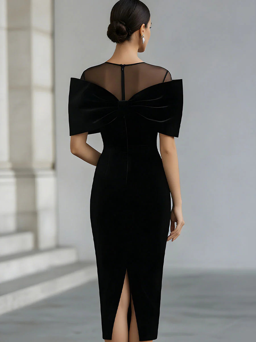 Regina | Black Velvet Midi Dress with Dramatic Bow