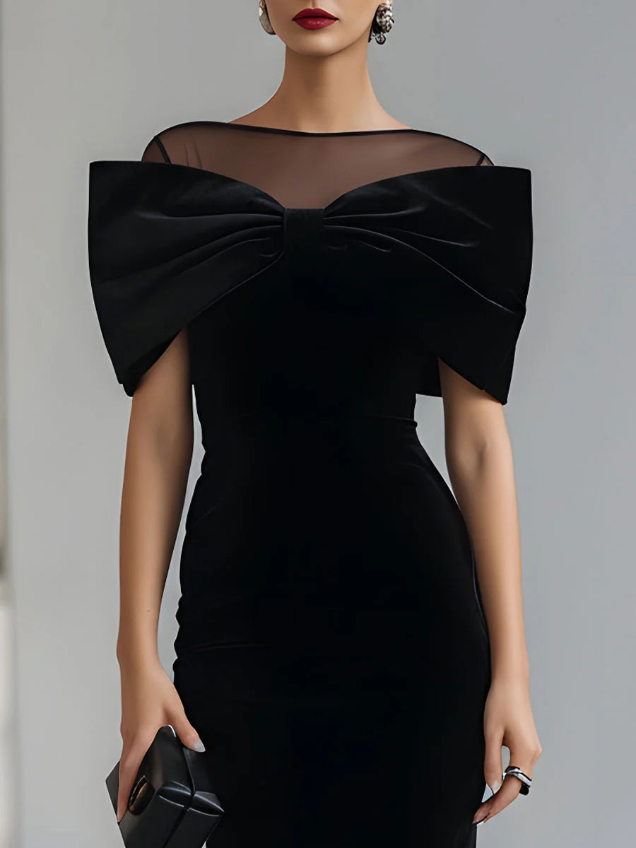 Regina | Black Velvet Midi Dress with Dramatic Bow