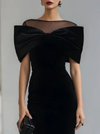 Regina | Black Velvet Midi Dress with Dramatic Bow