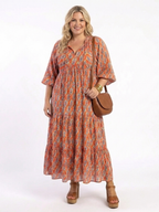 Naima | Geometric Print V Neck Tiered Midi Dress