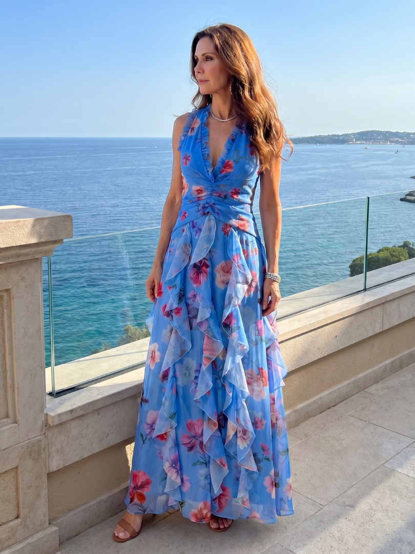 Marvela | Halter Neck Ruched Bodice Floral Maxi Dress