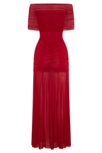Caspian Slinky And Mesh Off Shoulder Maxi Dress - Ruby