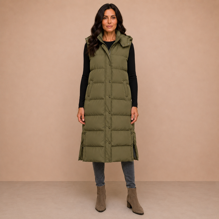 Women's Puffer Vest Quilted Hooded Maxi Length Button Down