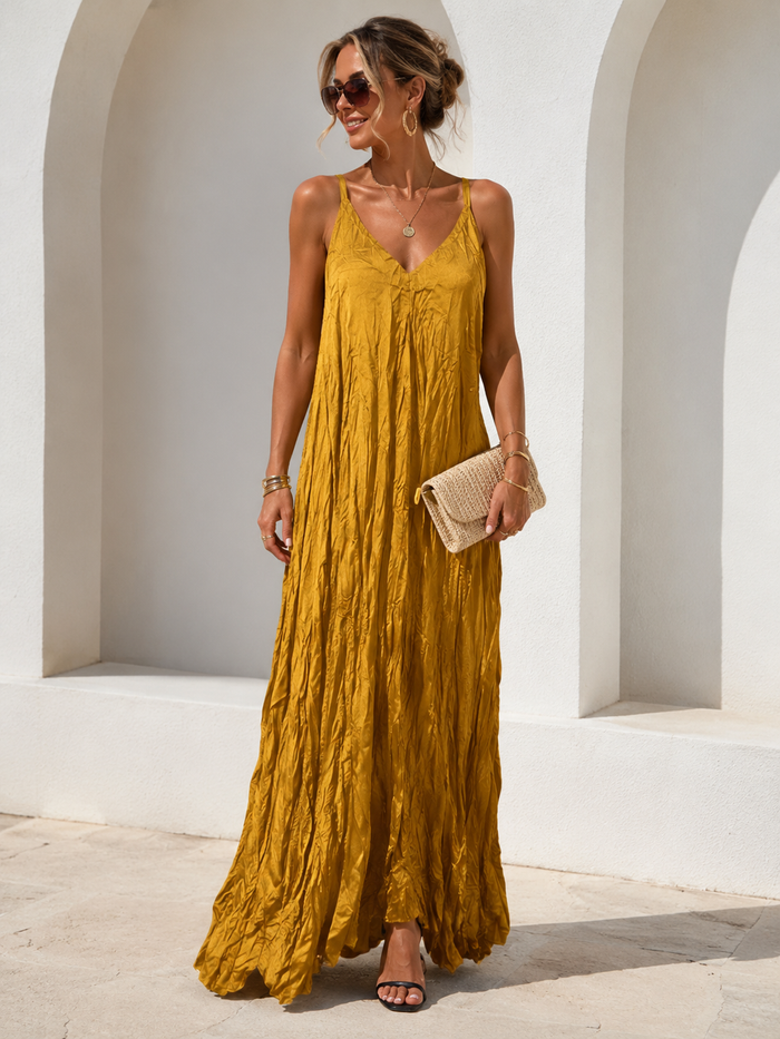 Anais | Crinkle Maxi Dress in Gold