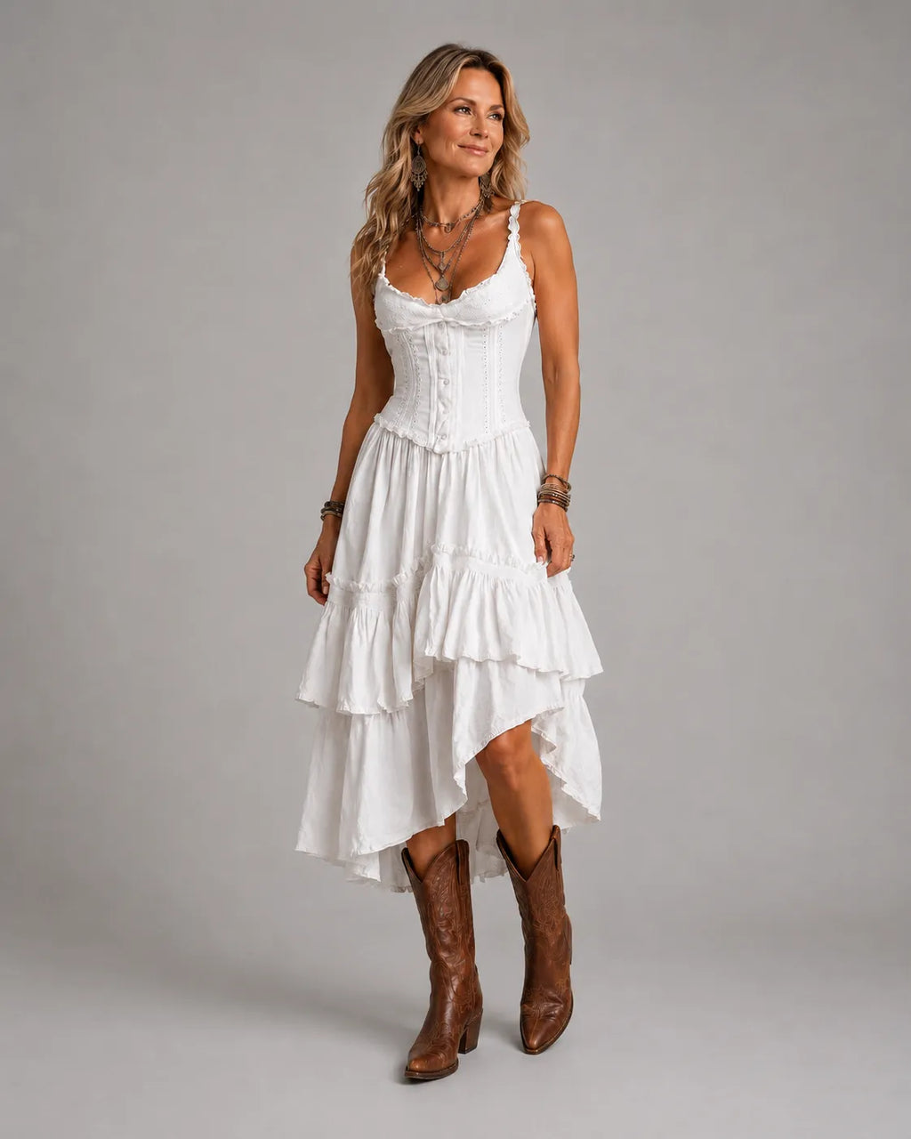 Romy | Corset Tiered Midi Dress with Lace Trim