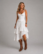 Romy | Corset Tiered Midi Dress with Lace Trim