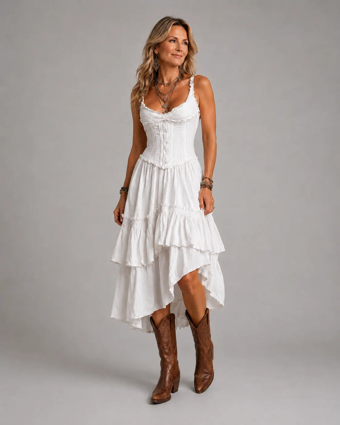 Romy | Corset Tiered Midi Dress with Lace Trim
