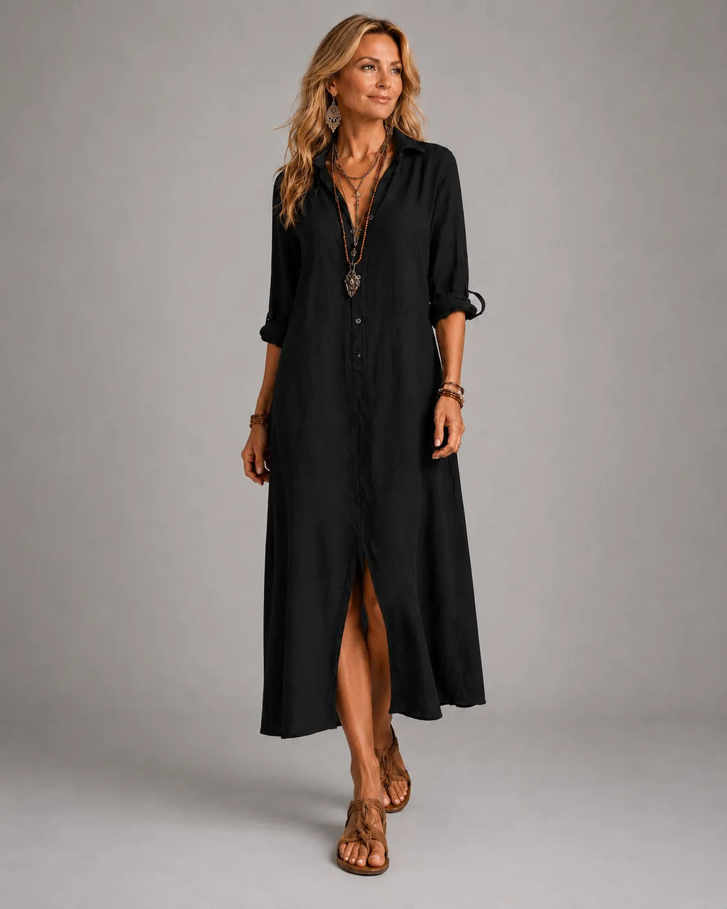 Sofia | Button-Front Bohemian Shirt Maxi Dress
