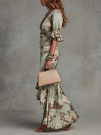 Anna | Asymmetrical Green Satin Maxi Dress