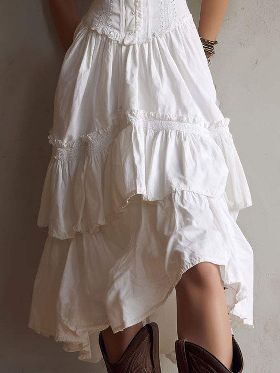 Romy | Corset Tiered Midi Dress with Lace Trim