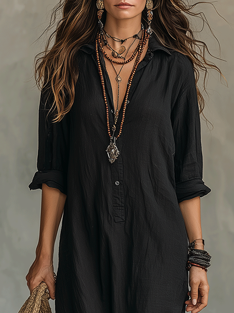 Sofia | Button-Front Bohemian Shirt Maxi Dress