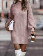 Lila Ribbed Knit Lantern Sleeve Sweater Dress