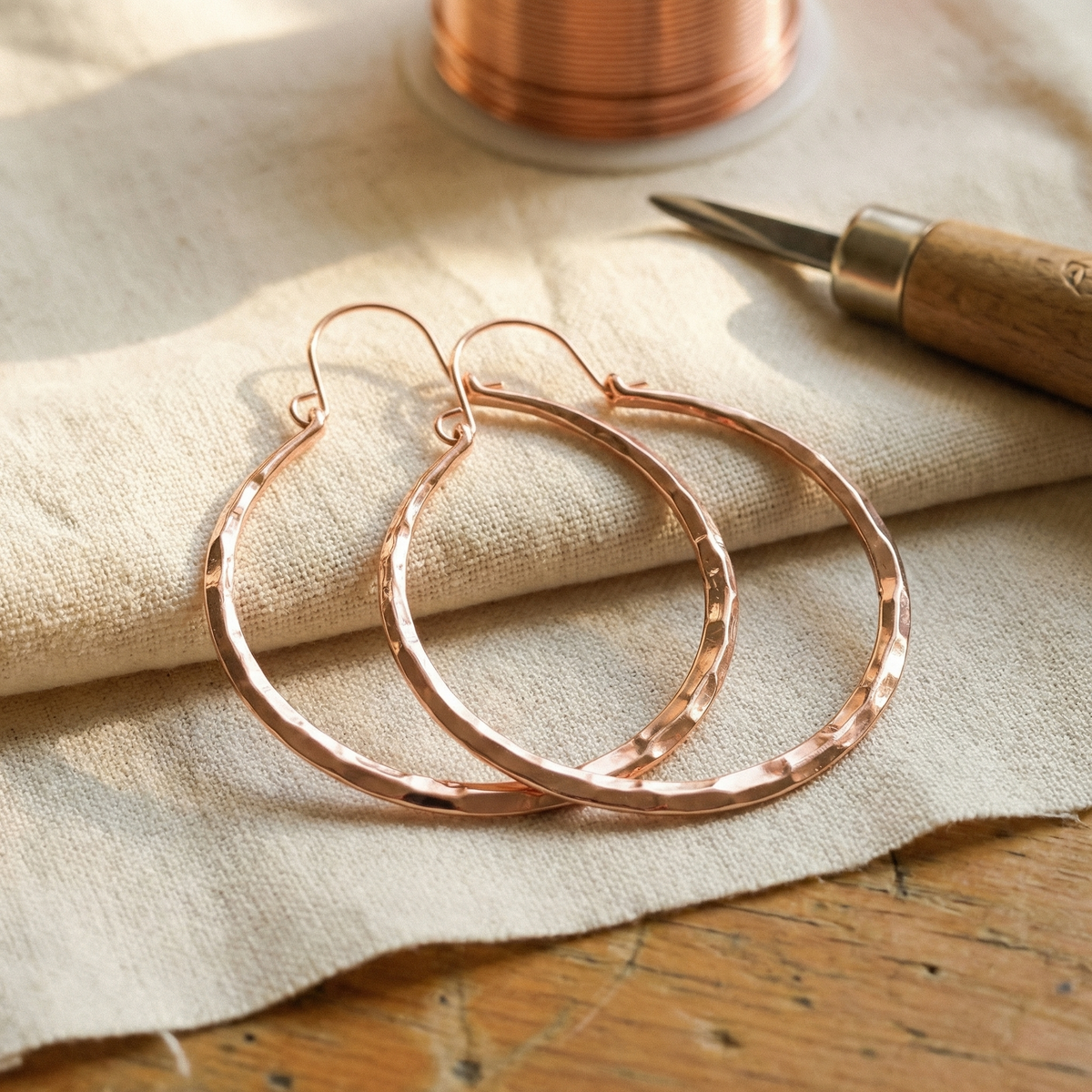 Meadow | Faceted Hammered Copper Hoop Earrings
