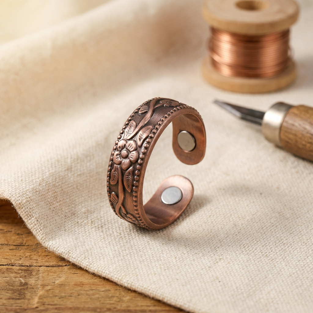 Elena | Hand-Engraved Copper Flower Ring with Beaded Trim