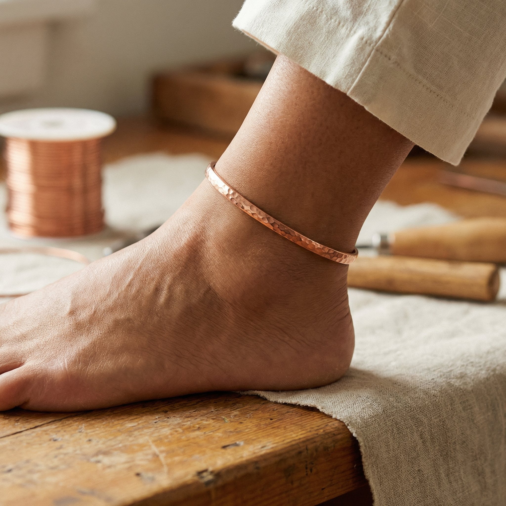 Ava | Hammered Copper Ankle Chain with Dimpled Texture