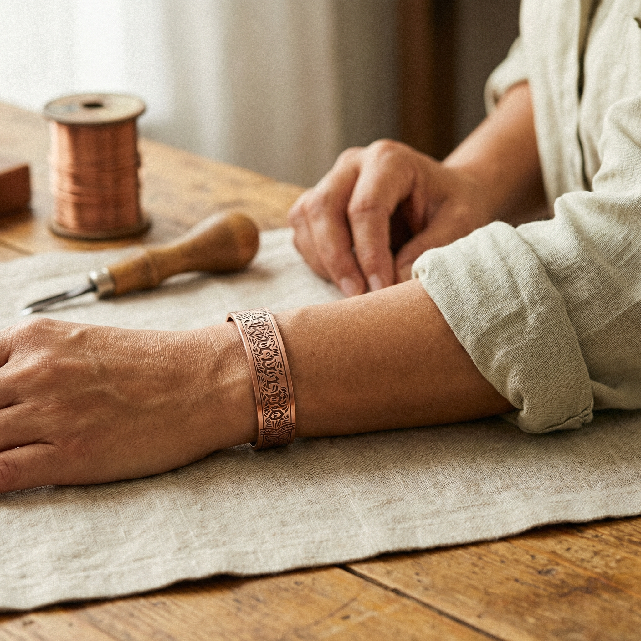 Penelope | Engraved Gothic-Script Copper Cuff Bracelet with Magnets